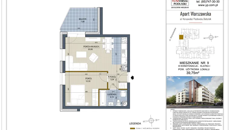 Rzut - Mieszkanie na sprzedaż 2 pokoje o powierzchni 39,75 m² - numer 9 w Apart Warszawska