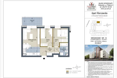 Rzut - Mieszkanie na sprzedaż 3 pokoje o powierzchni 43,92 m² - numer 12 w Apart Warszawska