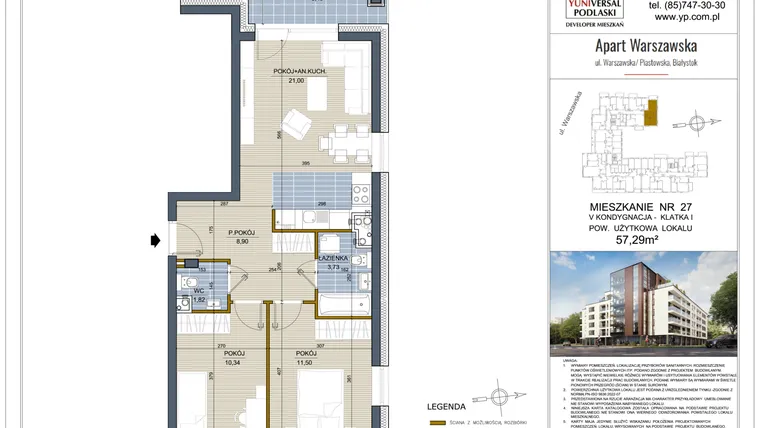 Rzut - Mieszkanie na sprzedaż 3 pokoje o powierzchni 57,29 m² - numer 27 w Apart Warszawska
