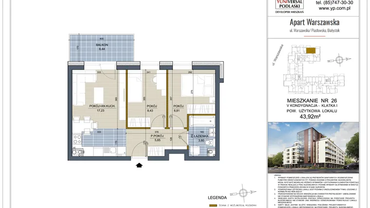 Rzut - Mieszkanie na sprzedaż 3 pokoje o powierzchni 43,92 m² - numer 26 w Apart Warszawska