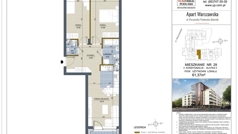 Rzut - Mieszkanie na sprzedaż 3 pokoje o powierzchni 61,37 m² - numer 29 w Apart Warszawska