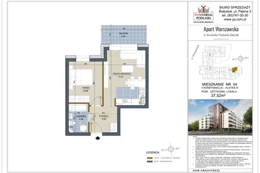 Rzut - Mieszkanie na sprzedaż 2 pokoje o powierzchni 37,52 m² - numer 54 w Apart Warszawska