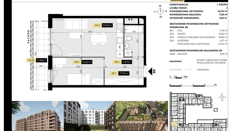 Rzut - Mieszkanie na sprzedaż 2 pokoje o powierzchni 39,4 m² - numer M/39 w Tarasy Śląskie