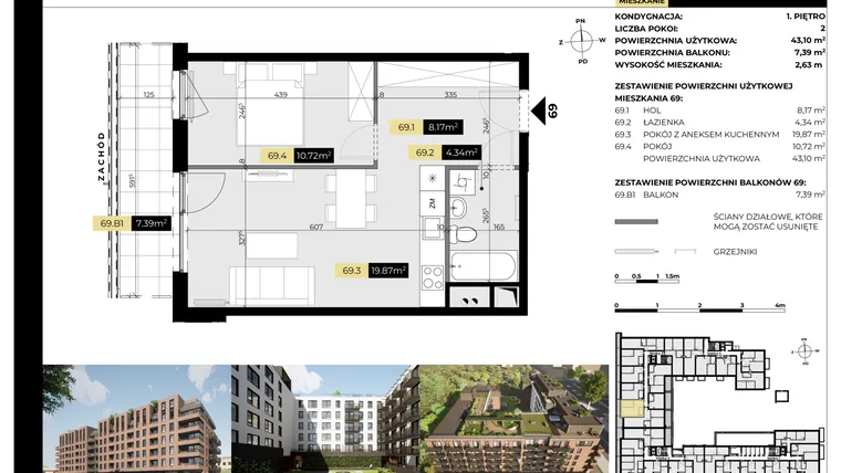 Rzut - Mieszkanie na sprzedaż 2 pokoje o powierzchni 43,1 m² - numer M/69 w Tarasy Śląskie