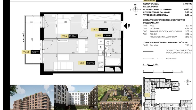 Rzut - Mieszkanie na sprzedaż 2 pokoje o powierzchni 43,1 m² - numer M/78 w Tarasy Śląskie