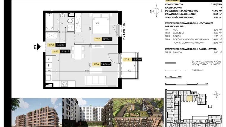 Rzut - Mieszkanie na sprzedaż 2 pokoje o powierzchni 49,58 m² - numer M/117 w Tarasy Śląskie