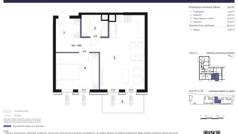 Rzut - Mieszkanie na sprzedaż 2 pokoje o powierzchni 48,18 m² - numer B2 – M3.5 w Primacasa