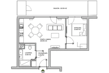 Rzut - Mieszkanie na sprzedaż 2 pokoje o powierzchni 43,26 m² - numer M2 w Zielona Marina - Apartamenty inwestycyjne