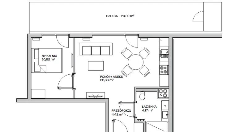 Rzut - Mieszkanie na sprzedaż 2 pokoje o powierzchni 43,26 m² - numer M1 w Zielona Marina - Apartamenty inwestycyjne