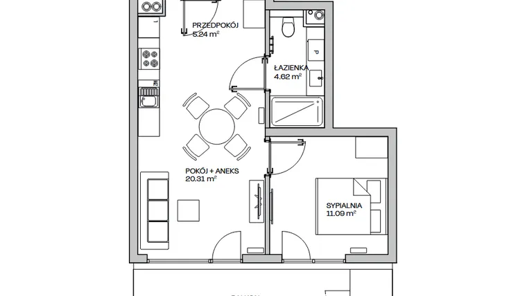 Rzut - Mieszkanie na sprzedaż 2 pokoje o powierzchni 41,26 m² - numer M5 w Zielona Marina - Apartamenty inwestycyjne
