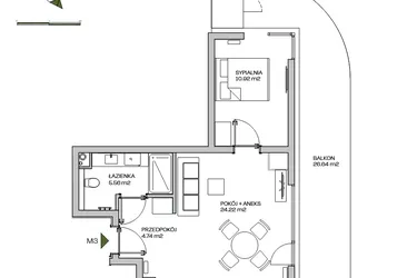 Rzut - Mieszkanie na sprzedaż 2 pokoje o powierzchni 45,44 m² - numer M3 w Zielona Marina - Apartamenty inwestycyjne