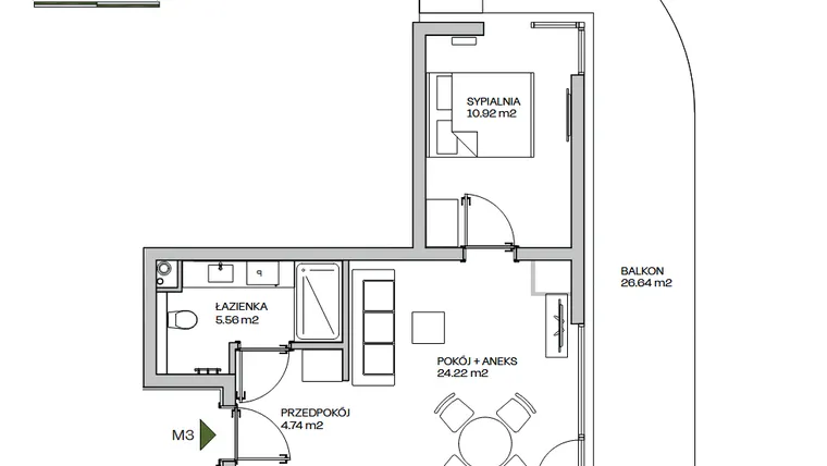 Rzut - Mieszkanie na sprzedaż 2 pokoje o powierzchni 45,44 m² - numer M3 w Zielona Marina - Apartamenty inwestycyjne