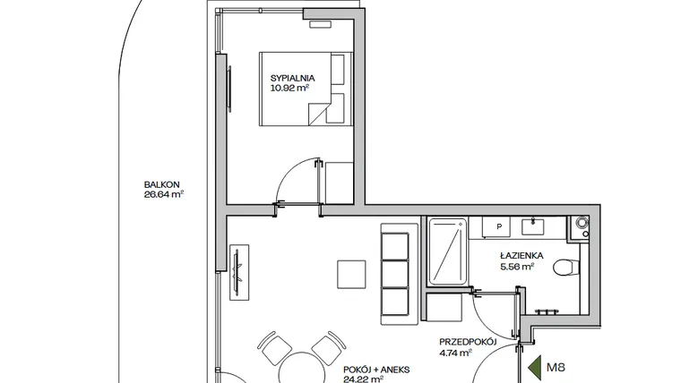 Rzut - Mieszkanie na sprzedaż 2 pokoje o powierzchni 45,44 m² - numer M8 w Zielona Marina - Apartamenty inwestycyjne