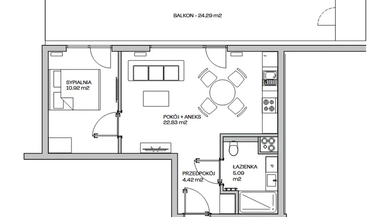 Rzut - Mieszkanie na sprzedaż 2 pokoje o powierzchni 43,26 m² - numer M9 w Zielona Marina - Apartamenty inwestycyjne
