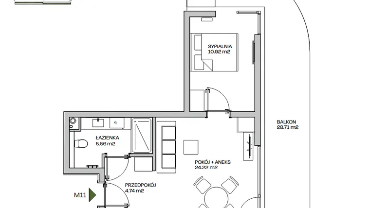 Rzut - Mieszkanie na sprzedaż 2 pokoje o powierzchni 45,44 m² - numer M11 w Zielona Marina - Apartamenty inwestycyjne