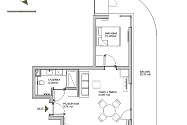 Rzut - Mieszkanie na sprzedaż 2 pokoje o powierzchni 45,44 m² - numer M11 w Zielona Marina - Apartamenty inwestycyjne