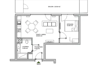 Rzut - Mieszkanie na sprzedaż 2 pokoje o powierzchni 43,26 m² - numer M10 w Zielona Marina - Apartamenty inwestycyjne