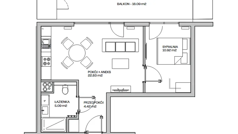 Rzut - Mieszkanie na sprzedaż 2 pokoje o powierzchni 43,26 m² - numer M10 w Zielona Marina - Apartamenty inwestycyjne