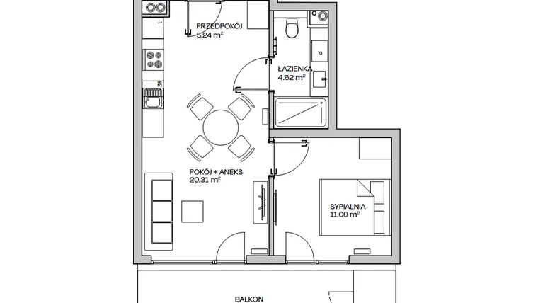 Rzut - Mieszkanie na sprzedaż 2 pokoje o powierzchni 41,26 m² - numer M13 w Zielona Marina - Apartamenty inwestycyjne