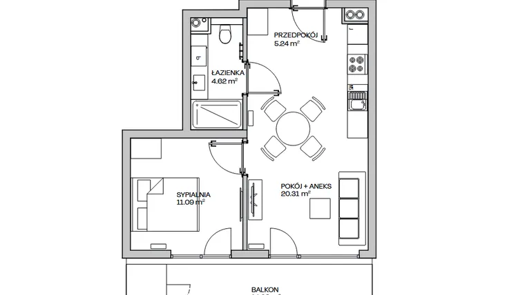 Rzut - Mieszkanie na sprzedaż 2 pokoje o powierzchni 41,26 m² - numer M14 w Zielona Marina - Apartamenty inwestycyjne
