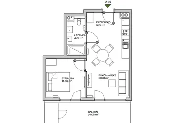 Rzut - Mieszkanie na sprzedaż 2 pokoje o powierzchni 41,26 m² - numer M14 w Zielona Marina - Apartamenty inwestycyjne