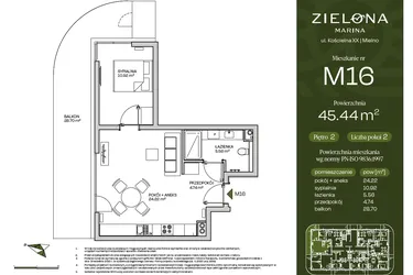 Rzut - Mieszkanie na sprzedaż 2 pokoje o powierzchni 45,44 m² - numer M16 w Zielona Marina - Apartamenty inwestycyjne