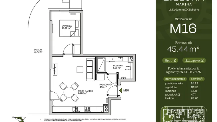 Rzut - Mieszkanie na sprzedaż 2 pokoje o powierzchni 45,44 m² - numer M16 w Zielona Marina - Apartamenty inwestycyjne