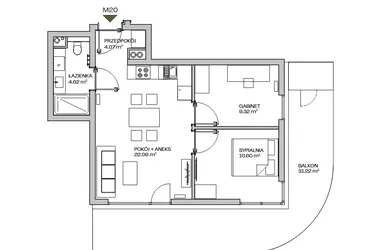 Rzut - Mieszkanie na sprzedaż 3 pokoje o powierzchni 50,7 m² - numer M20 w Zielona Marina - Apartamenty inwestycyjne