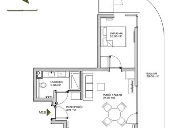 Rzut - Mieszkanie na sprzedaż 2 pokoje o powierzchni 45,44 m² - numer M19 w Zielona Marina - Apartamenty inwestycyjne