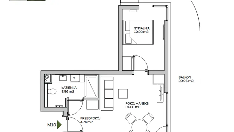 Rzut - Mieszkanie na sprzedaż 2 pokoje o powierzchni 45,44 m² - numer M19 w Zielona Marina - Apartamenty inwestycyjne