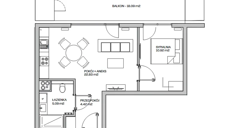 Rzut - Mieszkanie na sprzedaż 2 pokoje o powierzchni 43,26 m² - numer M18 w Zielona Marina - Apartamenty inwestycyjne