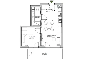 Rzut - Mieszkanie na sprzedaż 2 pokoje o powierzchni 41,26 m² - numer M22 w Zielona Marina - Apartamenty inwestycyjne