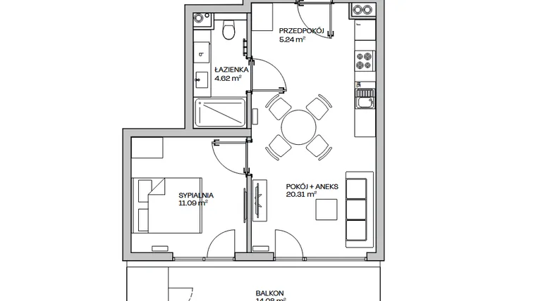 Rzut - Mieszkanie na sprzedaż 2 pokoje o powierzchni 41,26 m² - numer M22 w Zielona Marina - Apartamenty inwestycyjne