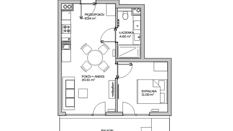 Rzut - Mieszkanie na sprzedaż 2 pokoje o powierzchni 41,26 m² - numer M21 w Zielona Marina - Apartamenty inwestycyjne