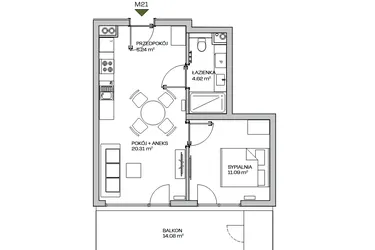 Rzut - Mieszkanie na sprzedaż 2 pokoje o powierzchni 41,26 m² - numer M21 w Zielona Marina - Apartamenty inwestycyjne