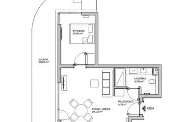 Rzut - Mieszkanie na sprzedaż 2 pokoje o powierzchni 45,44 m² - numer M24 w Zielona Marina - Apartamenty inwestycyjne