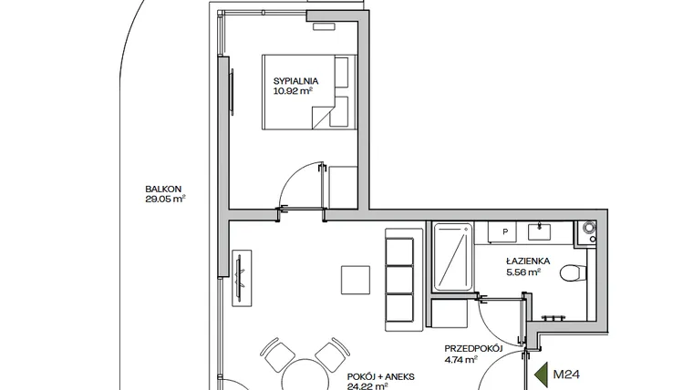 Rzut - Mieszkanie na sprzedaż 2 pokoje o powierzchni 45,44 m² - numer M24 w Zielona Marina - Apartamenty inwestycyjne