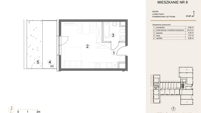 Rzut - Mieszkanie na sprzedaż 1 pokój o powierzchni 31,01 m² - numer 8 w Waterlane Vibe