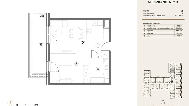 Rzut - Mieszkanie na sprzedaż 1 pokój o powierzchni 43,71 m² - numer 19 w Waterlane Vibe