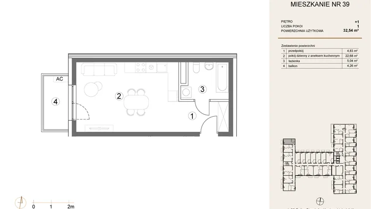 Rzut - Mieszkanie na sprzedaż 1 pokój o powierzchni 32,54 m² - numer 39 w Waterlane Vibe