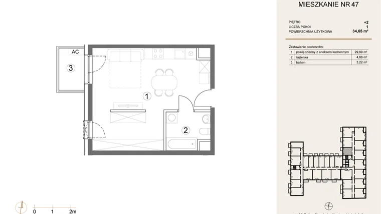 Rzut - Mieszkanie na sprzedaż 1 pokój o powierzchni 34,65 m² - numer 47 w Waterlane Vibe