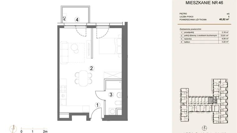 Rzut - Mieszkanie na sprzedaż 1 pokój o powierzchni 40,82 m² - numer 46 w Waterlane Vibe