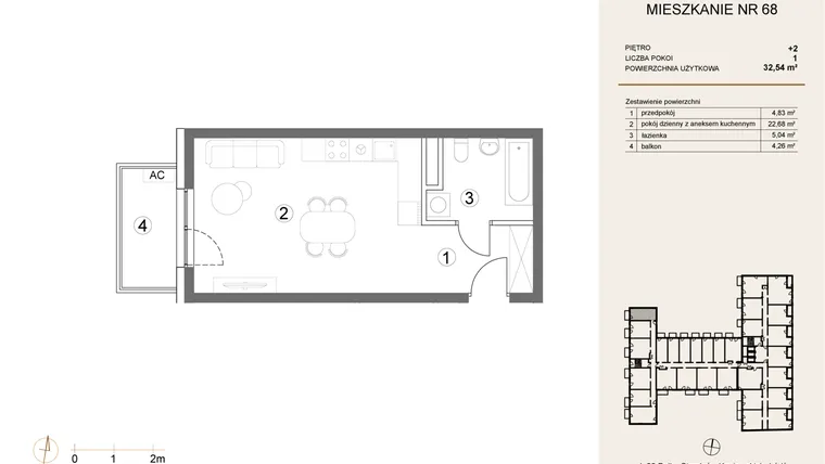 Rzut - Mieszkanie na sprzedaż 1 pokój o powierzchni 32,54 m² - numer 68 w Waterlane Vibe