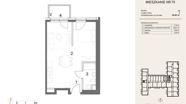 Rzut - Mieszkanie na sprzedaż 1 pokój o powierzchni 40,82 m² - numer 75 w Waterlane Vibe