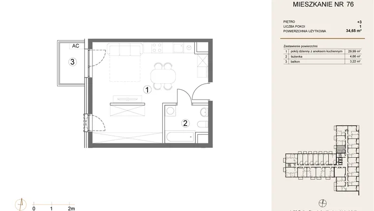 Rzut - Mieszkanie na sprzedaż 1 pokój o powierzchni 34,65 m² - numer 76 w Waterlane Vibe