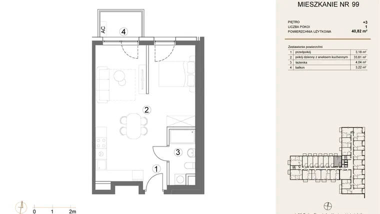 Rzut - Mieszkanie na sprzedaż 1 pokój o powierzchni 40,82 m² - numer 99 w Waterlane Vibe