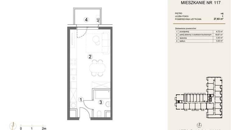 Rzut - Mieszkanie na sprzedaż 1 pokój o powierzchni 27,83 m² - numer 117 w Waterlane Vibe