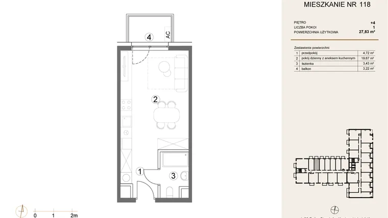 Rzut - Mieszkanie na sprzedaż 1 pokój o powierzchni 27,83 m² - numer 118 w Waterlane Vibe