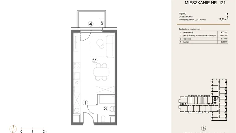 Rzut - Mieszkanie na sprzedaż 1 pokój o powierzchni 27,83 m² - numer 121 w Waterlane Vibe
