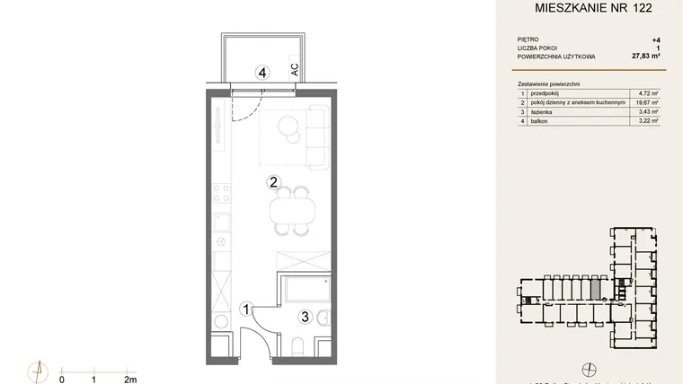 Rzut - Mieszkanie na sprzedaż 1 pokój o powierzchni 27,83 m² - numer 122 w Waterlane Vibe